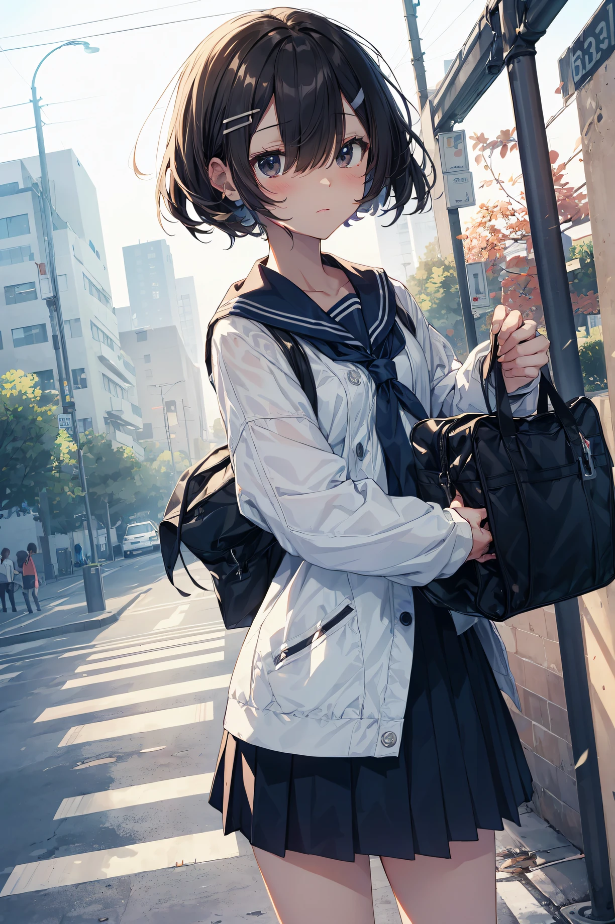 top-quality, anime moe art style,Best Anime 8K Konachan Wallpapers,Pixiv Contest Winner,Perfect Anatomy, (Draw a girl sleepily walking to school. ),BREAK, 1girl in, (Solo,Lori,child,13years:1.3),High school students, Short hair, Forehead, (Hair over one eye:1.4),Full limbs, complete fingers,medium breasts, groin, Small eyes,Precise black eyes, hair clips, Sailor Uniform, Skirt,Summer route to school. BREAK,Ultra-detailed,High resolution,super detailed skin, Professional Lighting,8k eye details, (Cute illustration:1.2),