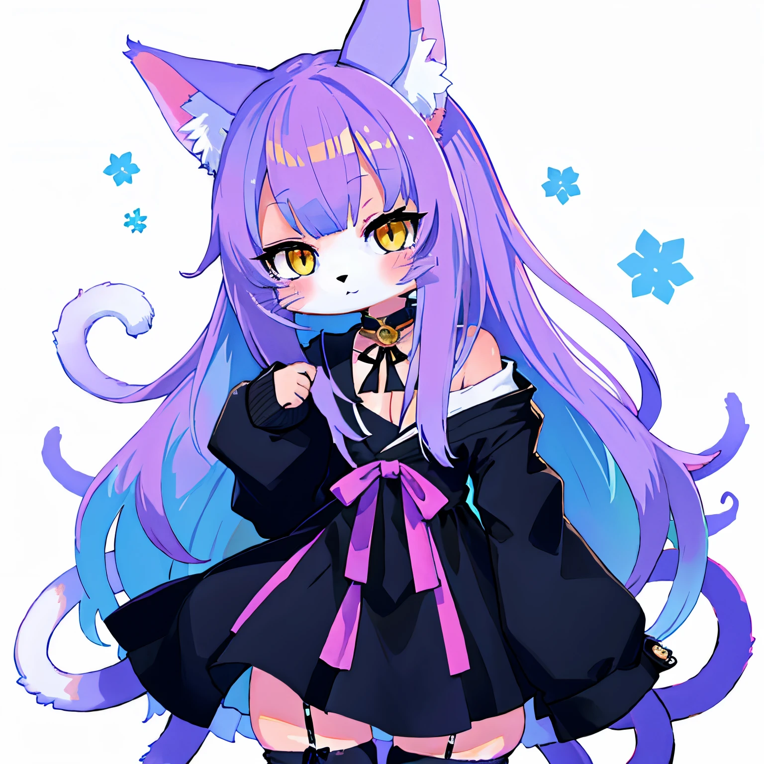 Anime girl with purple hair and cat ears in a black dress - SeaArt AI