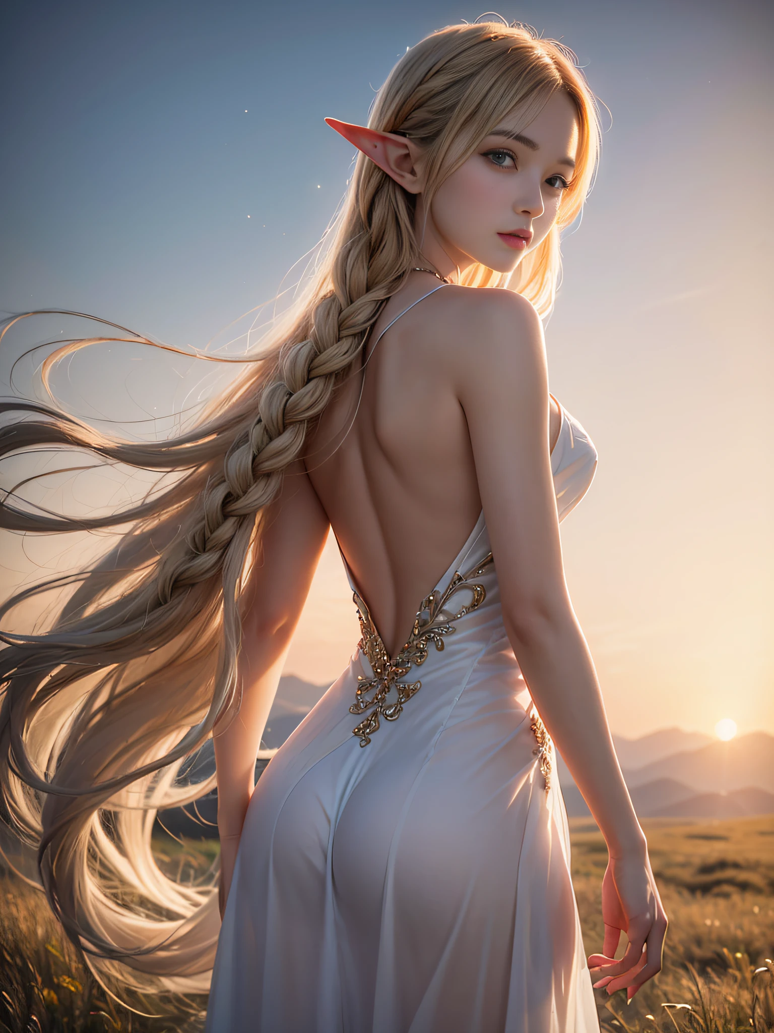 Graceful elven girl standing in meadow, Delicate face illuminated by the soft light of the setting sun. Her long, Flowing hair runs down your back, Decorated with intricate braids、Adorned with sparkling gemstones. This great photo is、、、It captures the ethereal beauty of elves. Slender figure in silk dress、Swaying in the soft steppe breeze. Attention to detail、Face that is、Face that is、Face that is、Face that is、It is evident in the intricate patterns of the dress and the subtle highlights of the luminescence. skin. The breathtaking portrayal of the elven girl is、、、、、Create an enchanting atmosphere、It invites the viewer to a magical world. transparent blonde hair,