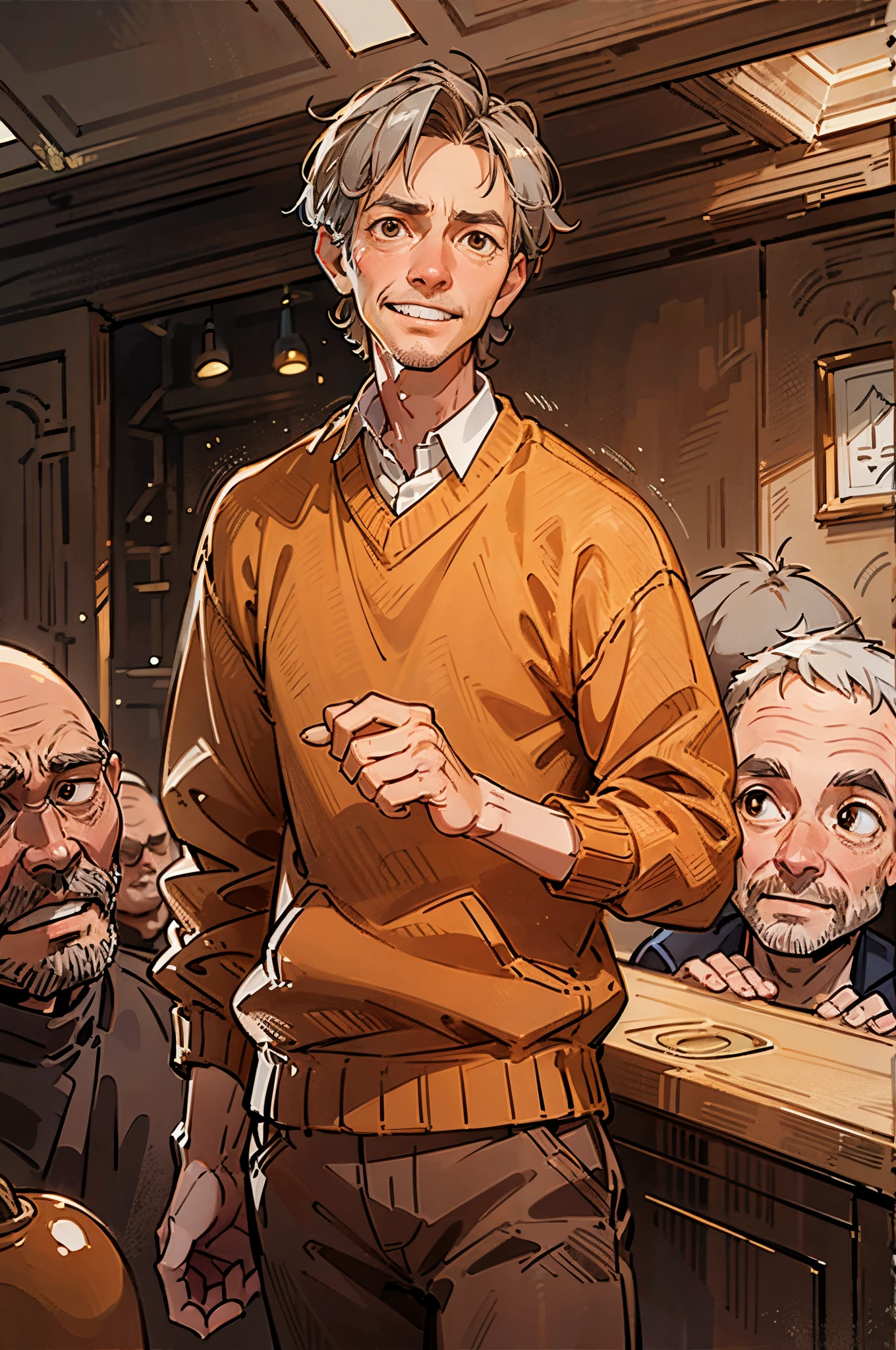 a tall, lanky middle-aged man with (dark, graying hair) and buck teeth, with a dad body, wearing an (orange sweater) and (brown pants), smiling; (((Best quality))) masterpiece vector illustration; anime character in sharp focus; detailed and vibrant anime face;  character design; beautiful and vibrant digital art, hyperdetailed; overexaggerated features; Dynamic Lighting; Volumetric Lighting in 8k, Ultra Sharp Focus; intricate Artwork Masterpiece