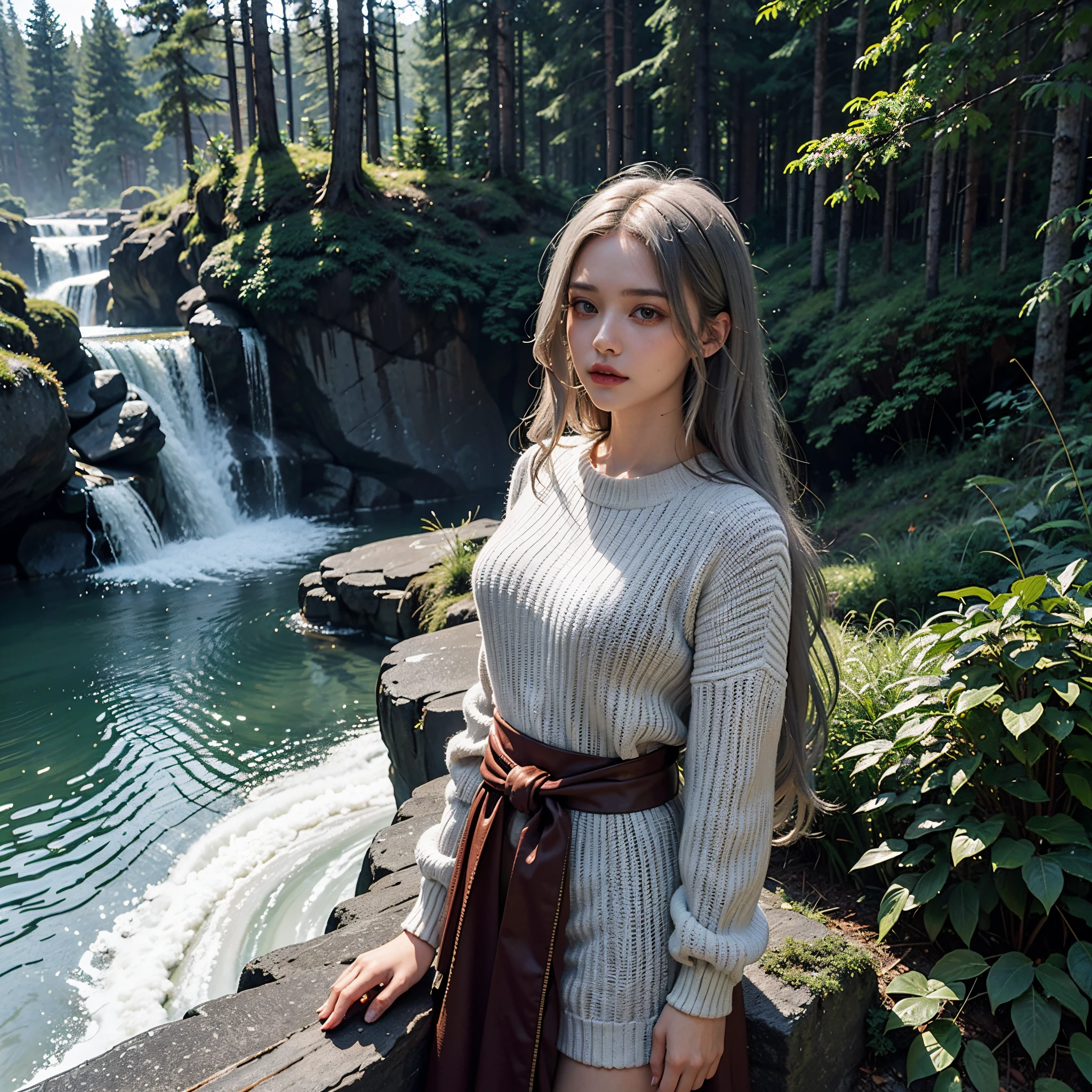 In the golden hour of dusk，Deep in the red pine forest, There is fog, ground-level view, Matte painting, Rochas, distant waterfalls,(a beauty 1:1.3)，wearing a white sweater，largeeyes，Long gray hair，Stunningly detailed, 4K, k hd, Clean, be full of details, Focus sharp, Xinhai City&#39;the rule of thirds, tomas kinkade, karol bak, Hot topics on artstation