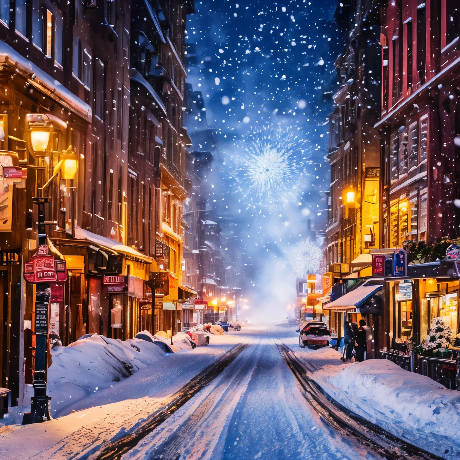 super alta qualidade, 8K, Foto CRU, realista, representação detalhada e delicada e método de pintura chamativo e dinâmico, neve em pó e neve peônia estão caindo, tempestade de neve, luzes de rua de fundo, paisagem urbana, (vista magnífica:1.3)