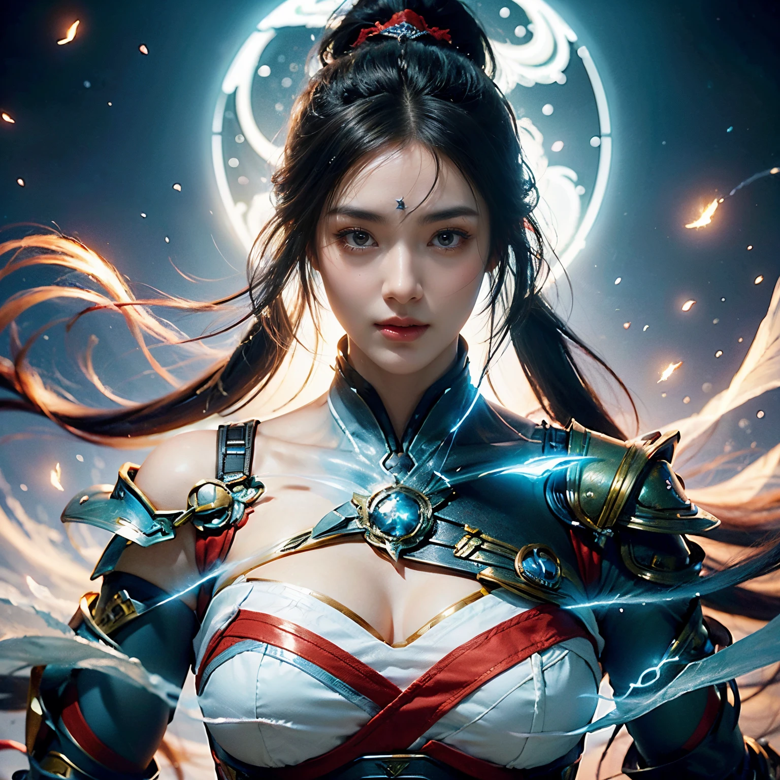 A style that combines ancient times with science fiction,ChineseGirl,20yr old,researcher,Long ponytail hairstyle,black color hair,red eyes,A plump chest,Open white coat,red pattern,Red suspender underwear,liner,scantily clad,Shoulders bare,bare abdomen,scholar clothing,joint armor,close your mouth,hands unfolded,Expand the pose,Hand hidden,elegant and charming,Calm and serious,heroic look,(avatar close up),(Avatar photo),(head portrait),Futuristic fantasy,ancient fantasy,Lab scenario,inside a room,Electromechanical robot,Futuristic tech style,cyber punk personage,hyper realisitc,8K