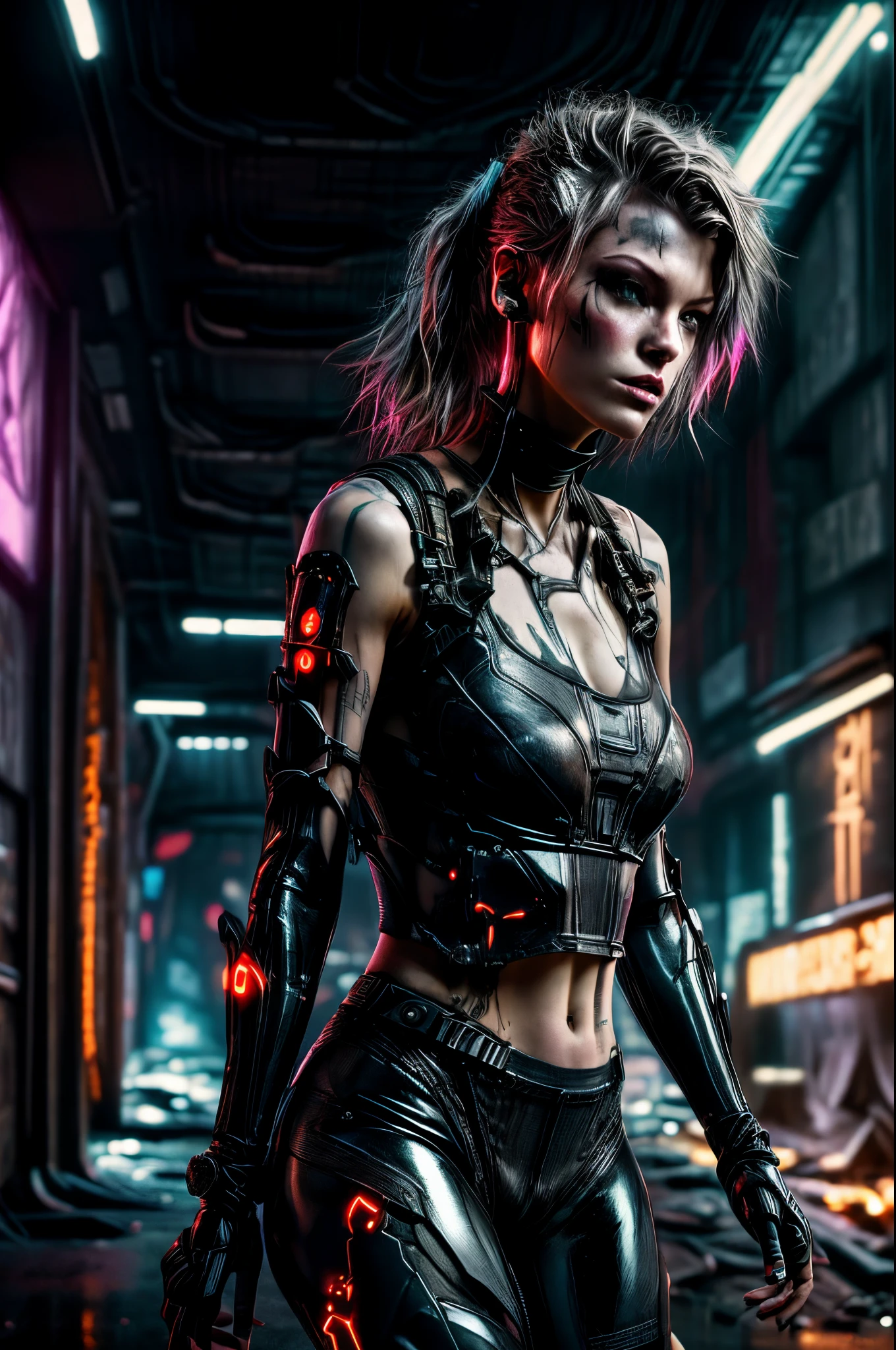 Milla Jovovich playing Alice from the resident evil film, in a post cyberpunk style outfit, ((grey Tanktop, tight black latex pants with red glowing symbols ))  standing inside of a abandoned mall built in the 2077, blue neons , debris, broken furniture, garbage scatteted, dirt, dirty skin, scars, bleeding scars, the year is 2077, close up portrait, futuristic clothing, moody, cyber technology, hologram watch, she's looking at hologram, holster, holding a black and gold katana, futuristic tattoos