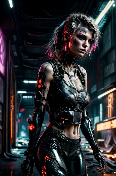 Milla Jovovich playing Alice from the resident evil film, in a post cyberpunk style outfit, ((grey Tanktop, tight black latex pa...