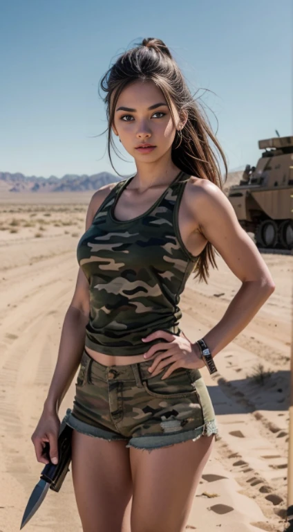chica militar, Camiseta sin mangas, camuflaje, cuchillo , Corte bajo , Solo en el desierto