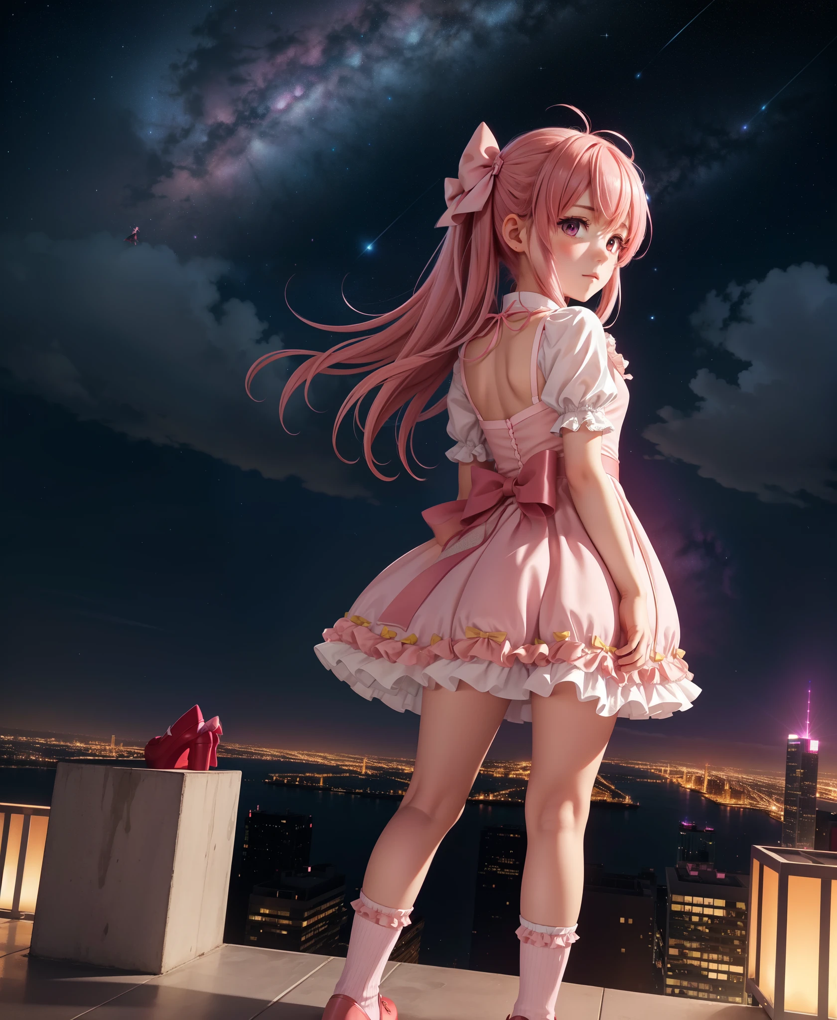 a girl on the top of a skyscraper,  looking at viewer, blush, sky, night, starry sky, galaxy, outdoors, cityscape, full body, bow \(weapon\), from back, bobby socks, 
 1girl, kaname madoka, pink hair, frilled dress, red footwear,