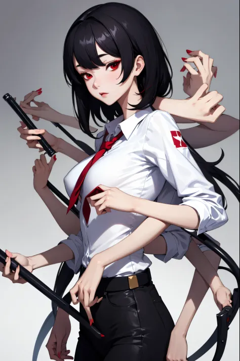 Highly detailed, High Quality, Masterpiece, beautiful, 1girl, ExtraArms, Nevin, red eyes, white shirt, black hair,