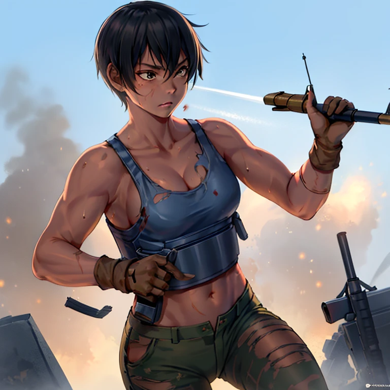 24 year old, Filipino Woman, tanned bronze skin, wearing USA marine corps uniform, fighting on the battlefield, strong muscles, world war, modern war theme, army girl, rifle, (holding a rifle: 1.3), (aiming and holding rifle: 1.3), soldier girl, infantry girl, shootout, air raid, air strike, military, camouflage uniform, warzone, battlefield, war, ruins, explosion, burning city, smoke, torn tank top, belly button, gloves, torn military pants, face stained blood, sweaty skin, bloody skin, small, cleavage, expression of determination, rigorous expression, (masterpiece:1.2, best quality)