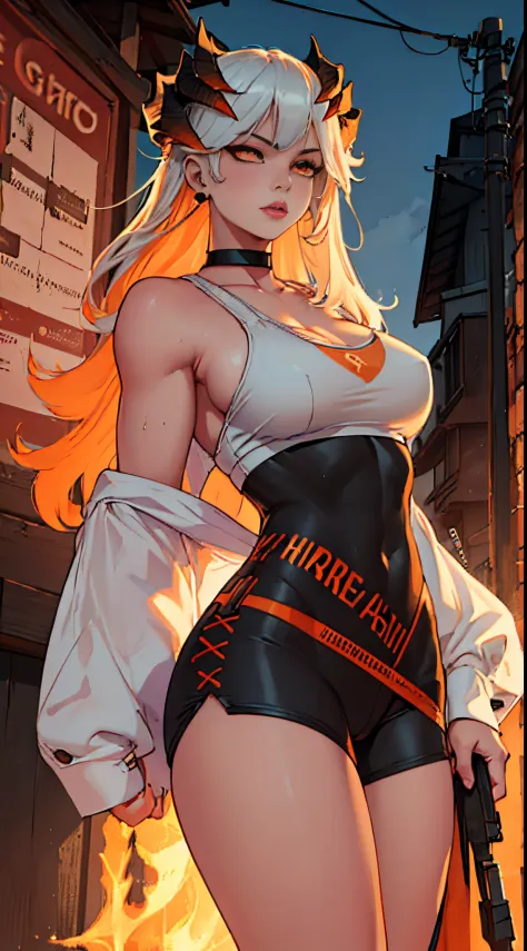 (best quality,4k,8k,highres,masterpiece:1.2),albino woman,orange horns,orange eyes,muscular female figure,attractive body,black casual clothing,alleys,illustration,ultra-detailed,realistic,photorealistic:1.37,portraits,radiant colors,warm lighting