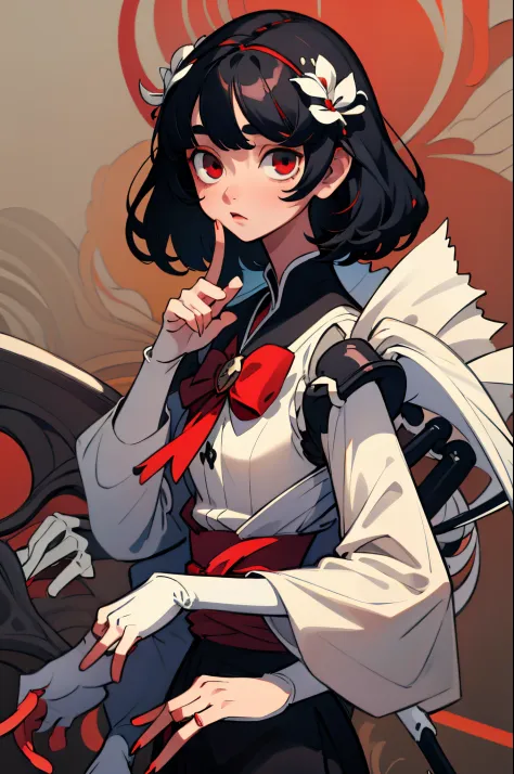 Highly detailed, High Quality, Masterpiece, beautiful, 1girl, ExtraArms, Nevin, red eyes, white shirt, black hair,