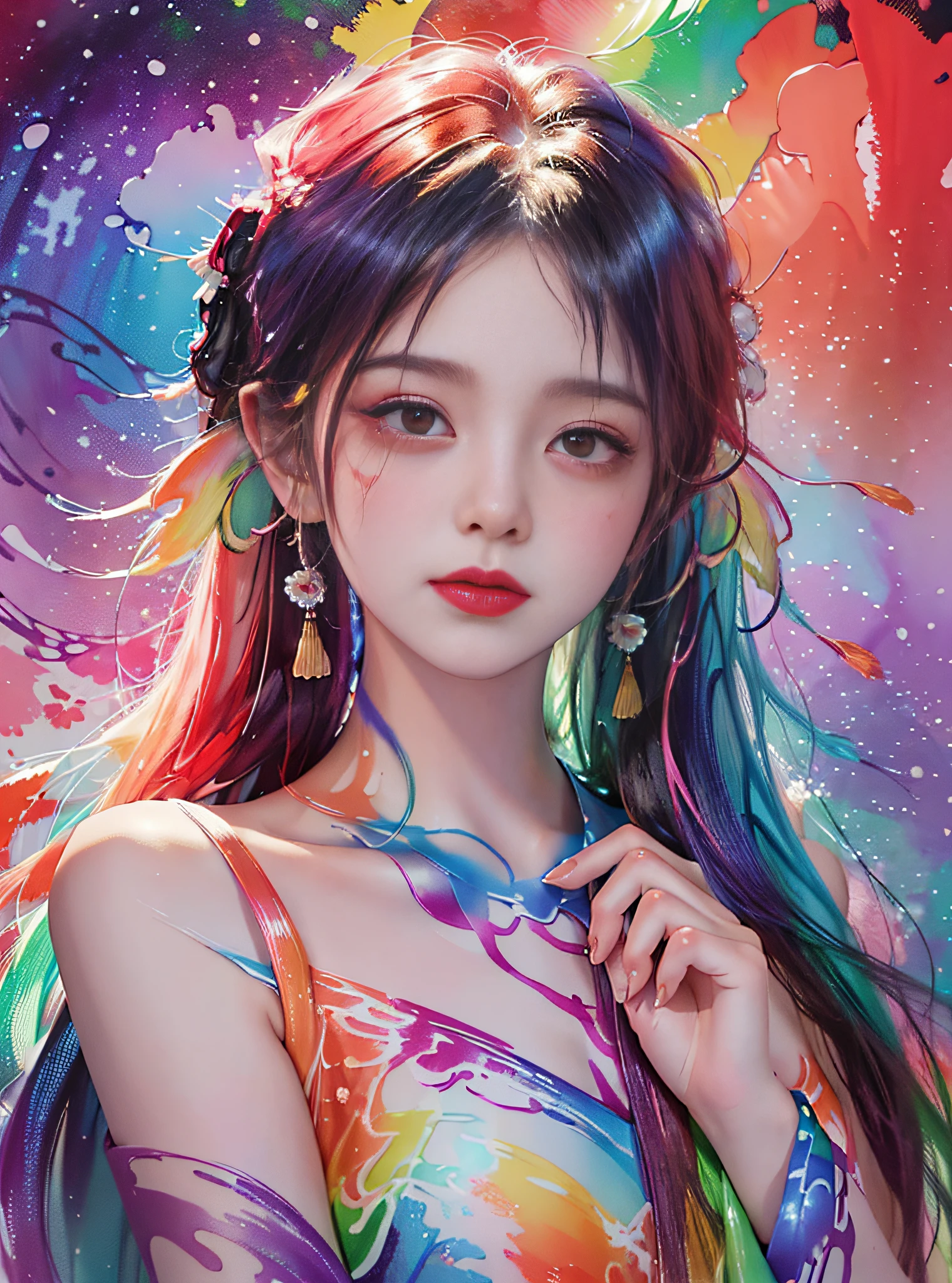 (masutepiece, Highest Quality, High resolution), The background is fractal art, Rainbow colors, ((Paint splashes, Color splash, Ink splash, Color splash)), (Fractal Art), Sweet Chinese Girl, rainbow-colored hair, Peach Lips, front, Upper body
