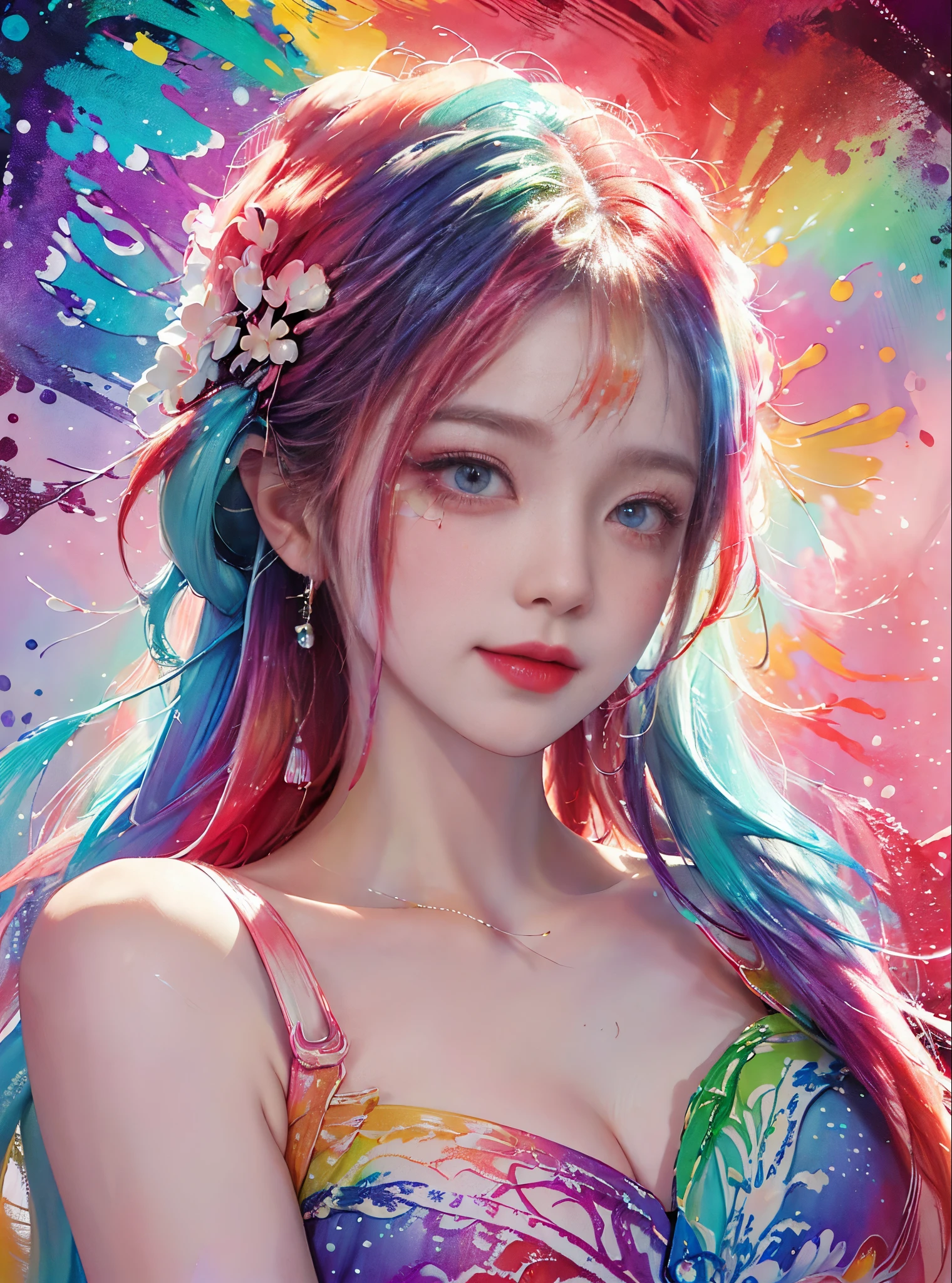 (Maste Piece, Top Quality, High Resolution), Background is Fractal Art, Rainbow Colored Eye, ((Paint Splashes, Color Splash, Ink Splash, Color Splash)), (Fractal Art), Sweet Chinese Girl , rainbow colored hair, peach lips, gentle smile, front, upper body