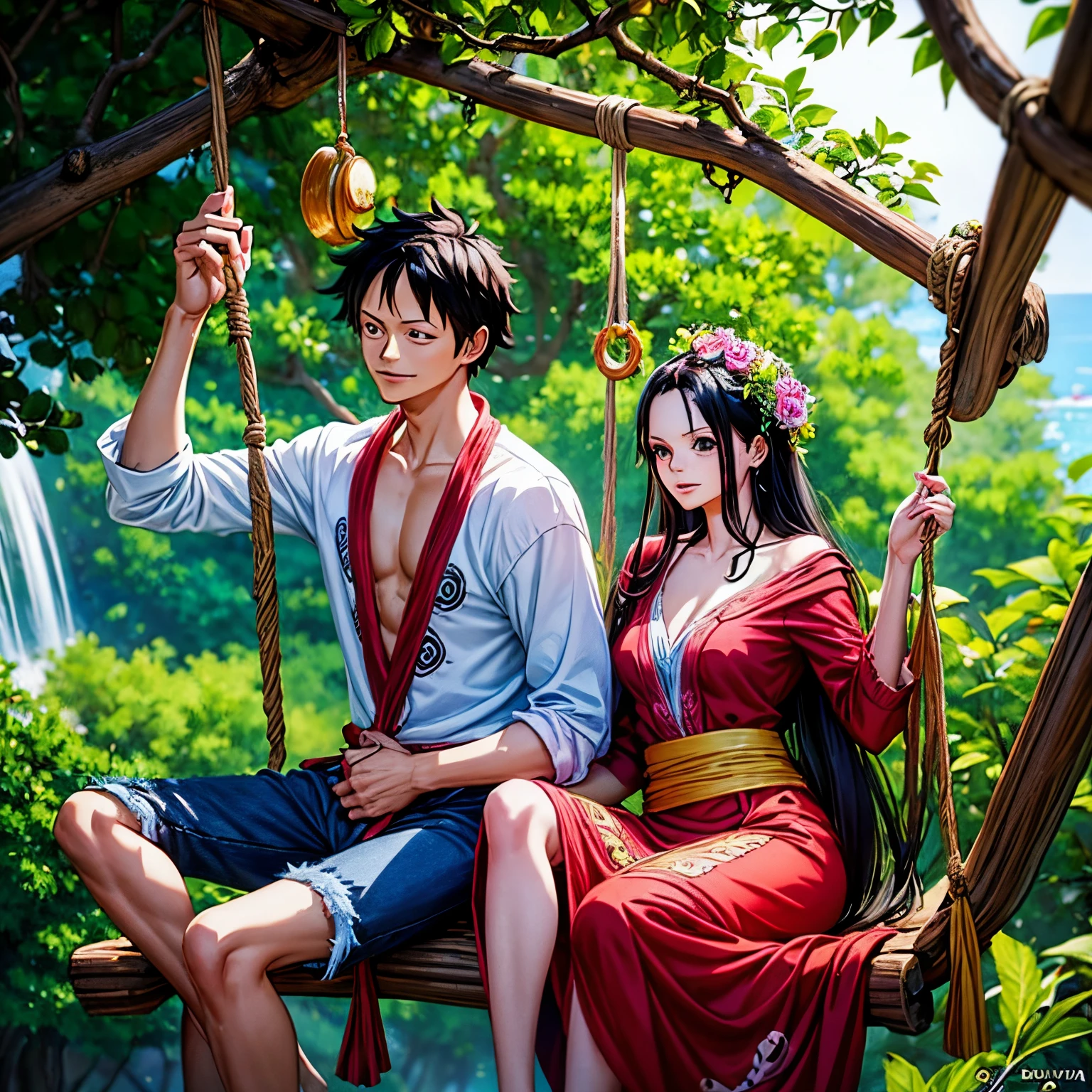 Anime couple sitting on swing in front of waterfall - SeaArt AI