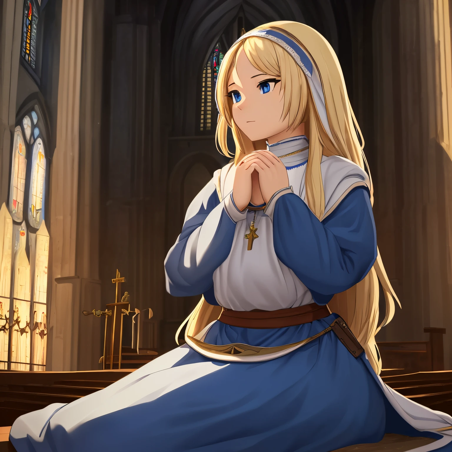 masterpiece,8k,ultra-detailed,best quality,battlefield,(background:a church masses in the medieval time period),(in front,a beautiful girl with blonde locks and blue eyes, hourglass figure and a modest medieval attire,she is praying),