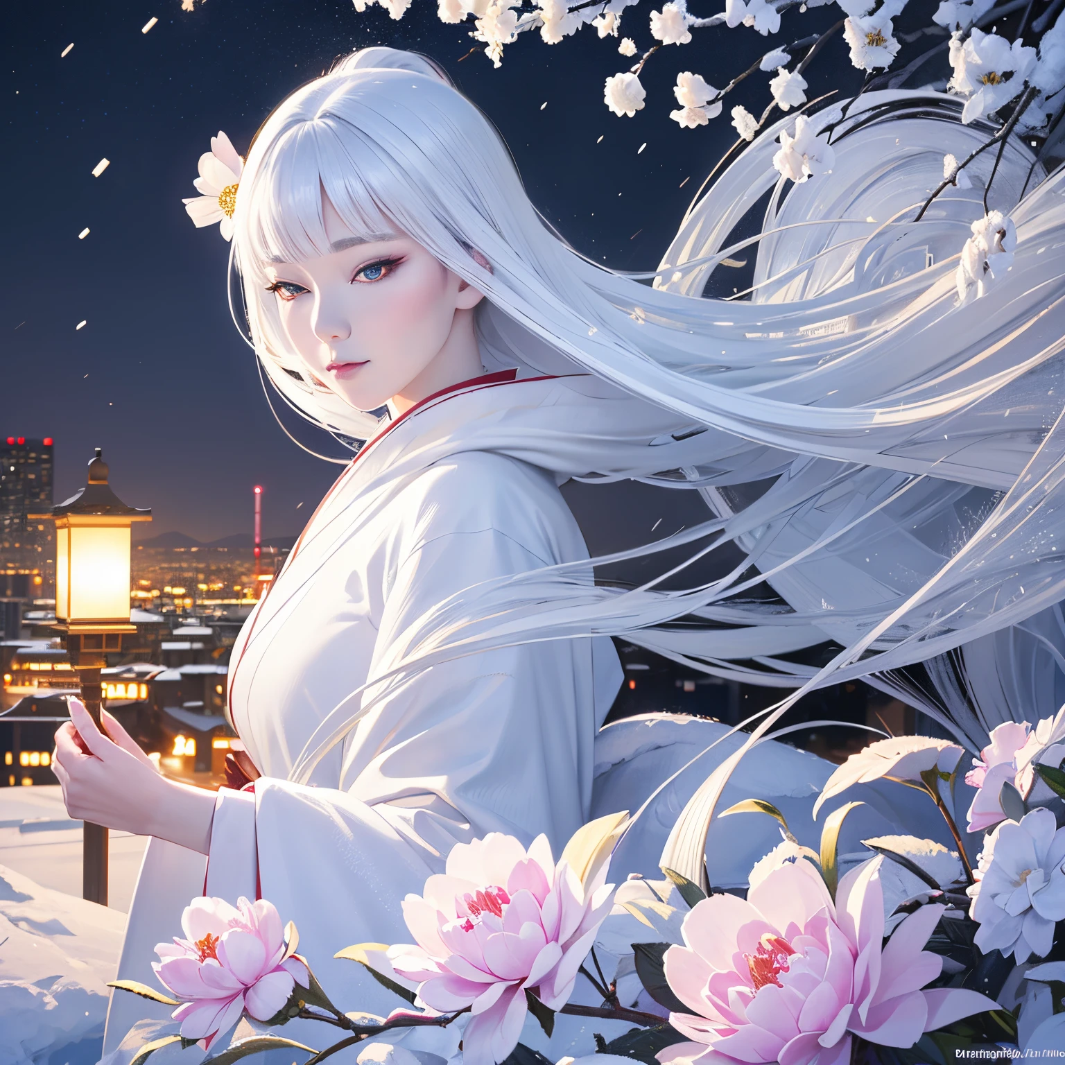 super high quality, 8k, RAW photo, realistic, detailed and delicate depiction and flashy and dynamic painting method, beautiful snow woman is looking down, white hair, white eyes, white Japanese kimono, powder snow and peony snow are falling, snowstorm, background street lights, cityscape, (magnificent view:1.3)