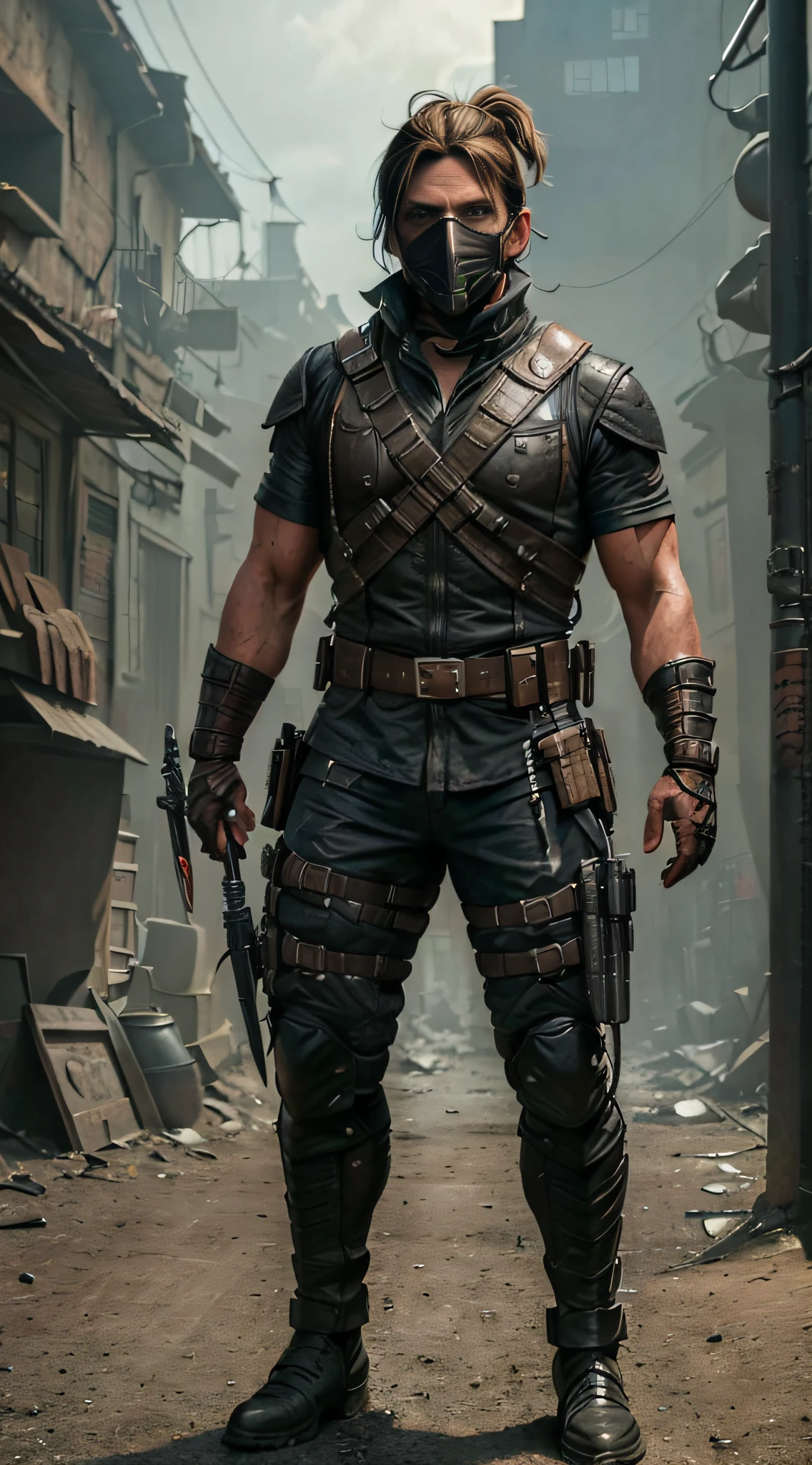 ((Bradley Cooper)) as Kabal from Mortal Kombat, solo, short ponytail, (face covered by a respirator:1.2), wears a wasteland outfit, (wields twin hooks:1.2), (cowboy shot), (full body view), (full body render), intricate, high detail, sharp focus, dramatic, photorealistic painting art by greg rutkowski