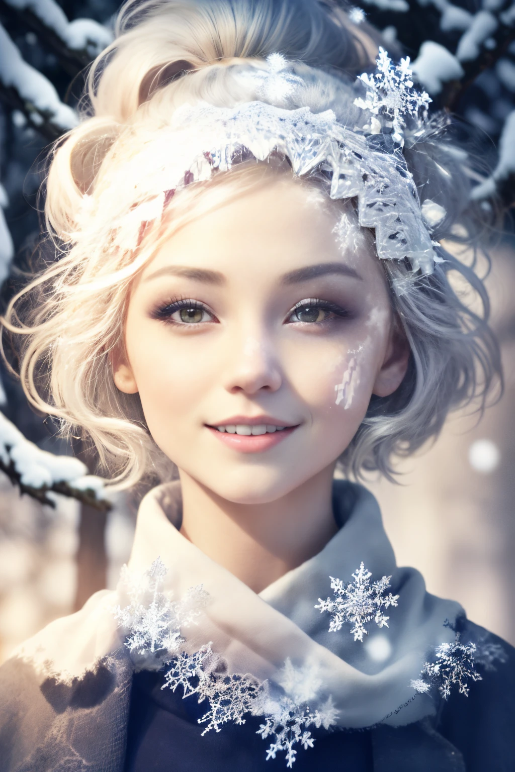 (masterpiece,best quality,niji style), (double exposure),  (large beautful snowflake),1 woman、Medium Hair、High Ponytail、Yellow eyes、A smile、White skin as clear as snow、White hair、Fantastical、It's snowing、snow country