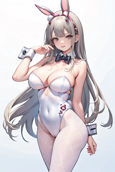 (Best quality at best), (8K), (High Illustration), (actual),Alone,white straitjacket,black necktie,rabbitears,bunny tail,fishnet stockings,Crotch cutout, Open crotch, with no underpants,Naked arms, Hand and arm cuffs, neck bowtie, No shoulder strap, Choppi...