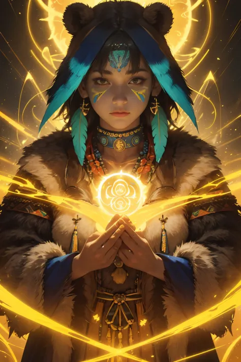 "(best quality,4k,highres,realistic:1.2),detailed shaman with a unique haircut,yellow aura in the shape of a bear,medium:spiritualism,forest background,feathers,colorful face paint,ancient symbols,transcendent experience,harmonious nature,soft lighting,vib...