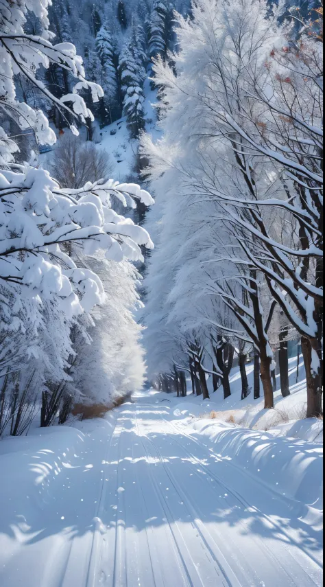(Best quality at best,A high resolution,ultra - detailed,actual),The white,A world covered in silver, tree branches covered with snow, cold winter touch, Snowflakes dance like elves, Turn the world into a silver fairy tale, Chilly winds, Peaceful and beaut...