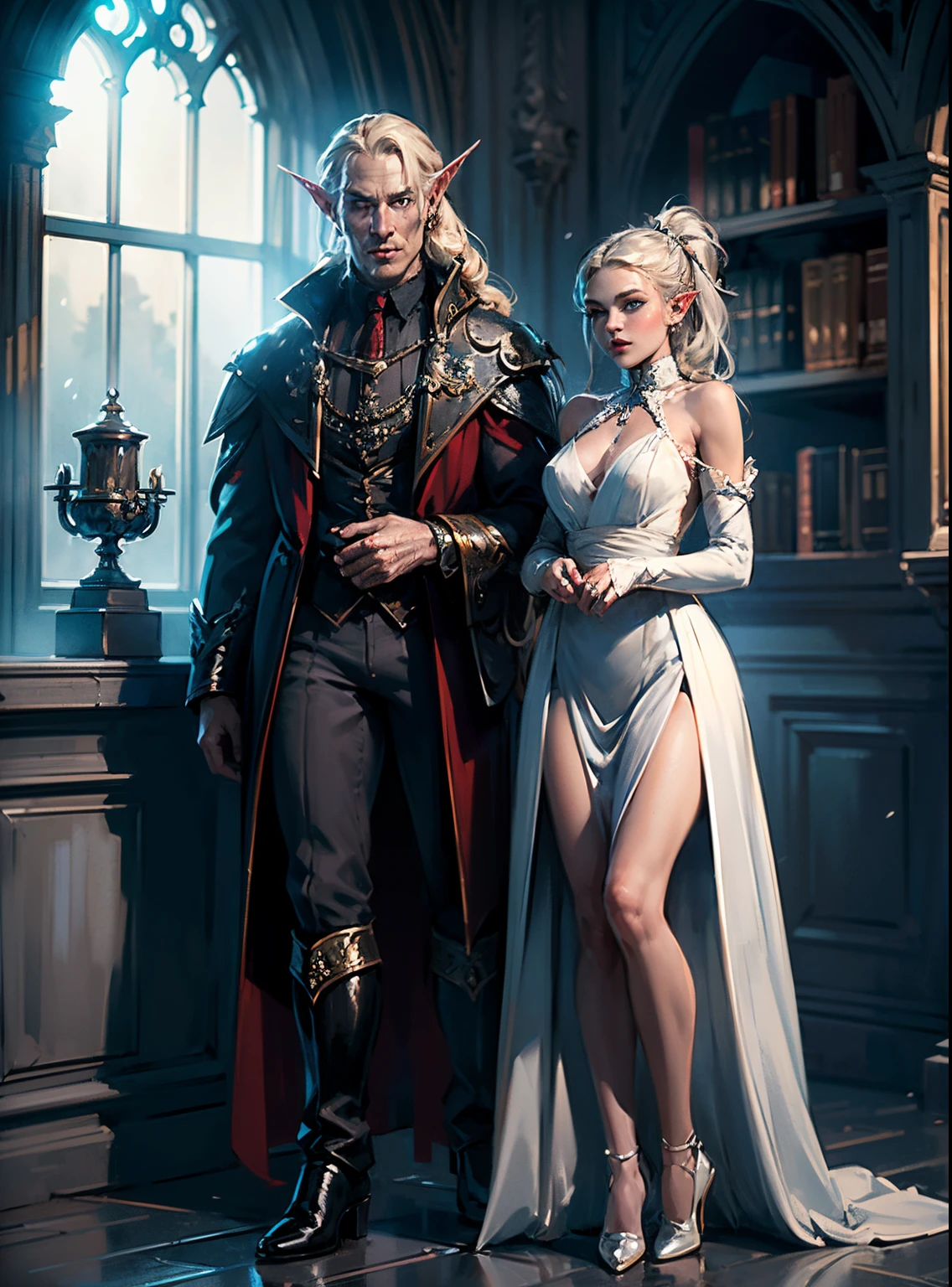photo of a vampire elf in her castle and her pet wolf, Exquisite beautiful female vampire elf (ultra detailed, masterpiece, best quality), full body, ultra detailed face (ultra detailed, masterpiece, best quality), gray skin, blonde hair, ponytail hair, long hair, blue eyes, Cold eyes, luminous eyes, powerful, eyes small pointed ears, smirks, smile with drops of blood on his face (ultra detailed, masterpiece, best quality), dark red lips, [Vampire fangs], in a white dress (ultra detailed, masterpiece, best quality), dark blue raincoat, High-heeled boots in the dark fantasy library, with a big gray wolf (masterpiece, best quality) Bookshelves, high details, best quality, 8K, [ultra detailed], masterpiece, best quality, (ultra detailed), Full body, Ultra wide angle shot, Photorealism, raw, Dark fantasy art, Moonlight coming through the window,, Moonbeams, Gothic art, hd
