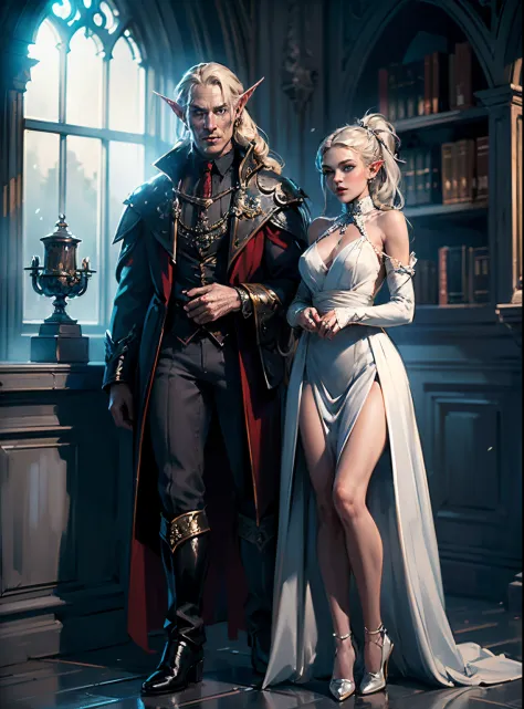 photo of a vampire elf in her castle and her pet wolf, Exquisite beautiful female vampire elf (ultra detailed, masterpiece, best...