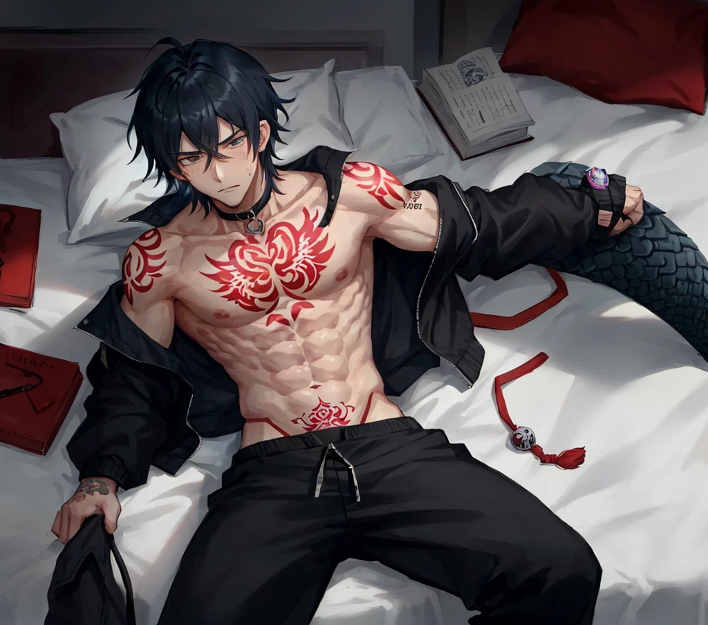 Hot, leanmuscular anime boy with black hair wearing a black racer jacket  unzipp - SeaArt AI