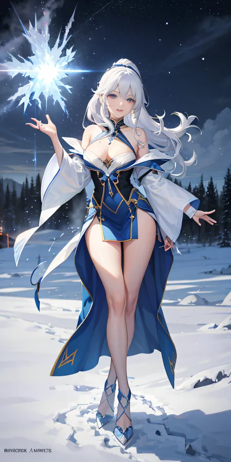(Severe snowstorm and thunder 1.9)1 Delicate Girl, Komono,  ,White hair, Purple eyes, David, blue fire, blue flames, Wallpaper, landscape, , depth of fields, Night, light Particle, llight rays, side lights, thighs thighs thighs thighs, Fate \(Series\), Gen...