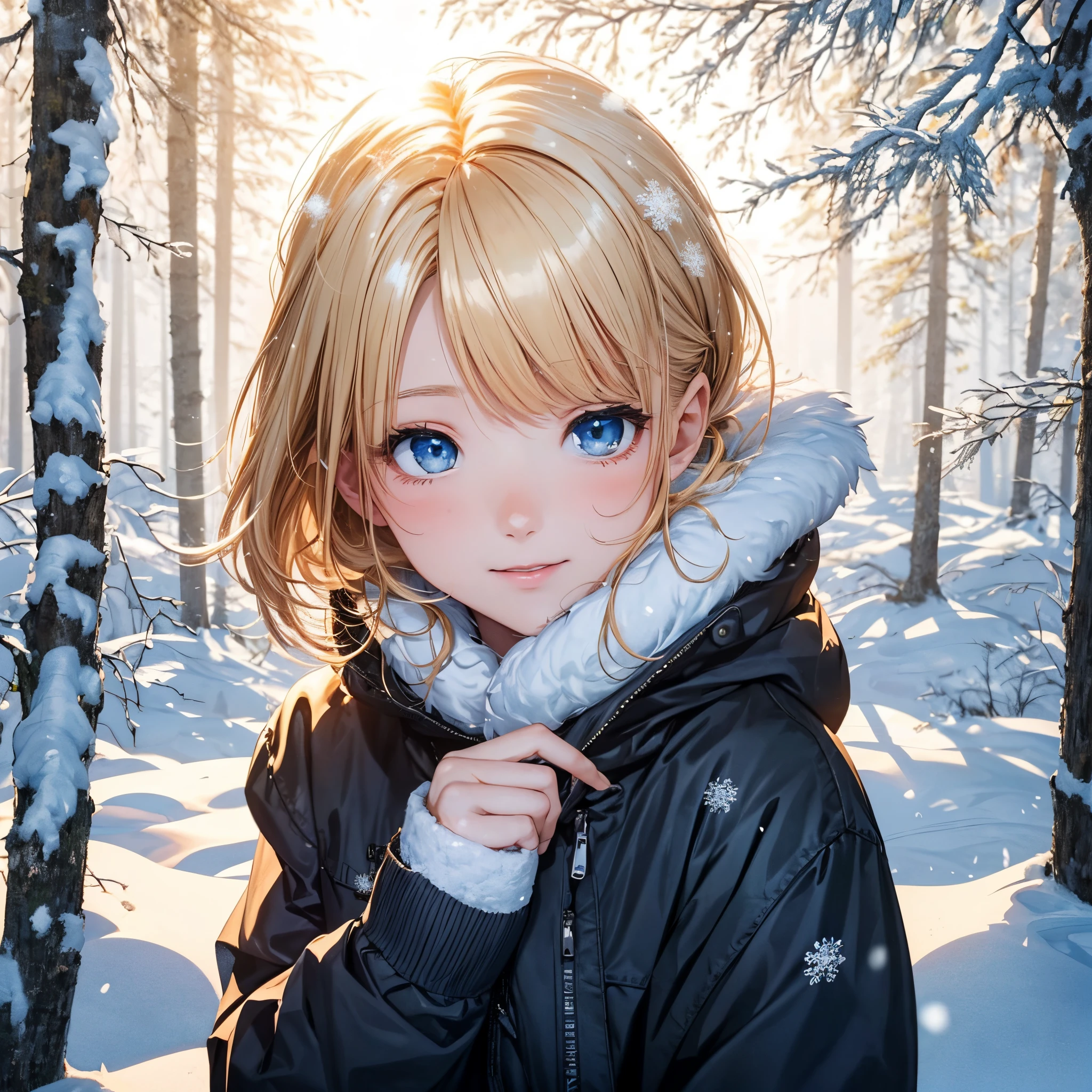 (​masterpiece),(top-quality:1.2),1girl in,(masuter piece:1.3),exquisitedetails, Highest quality 8K resolution, Ultra-detailed, Realistic, Vibrant colors, Soft tones, With warm and gentle lighting, (snowy night:1.5),(city covered in snow:1.4),designed for cozy aesthetics, wide skirt, Styling, With short hair, simple style, Beige, 2 0, Dynamic!!, Cute:2, F / 2 0, Roots and hay coat, lookbook, Vivid), 9, jimin, ( Side ) profile  (Smooth straight blonde hair:1.2),(Hair parted in the middle:1.3),(Glowing hair),(Dark blue eyes:1.3),(Hands close to the face:1.4),White skin, hair clips,Small necklace,A gentle feeling overflows,The sun's rays illuminate joy and pure love, Warm golden glow,The atmosphere is full of happiness and laughter, As if celebrating love,Ultra-detailed depiction and vivid colors,A style that combines romanticism and realism,depth of love,color palettes,Create an ethereal atmosphere like a dream,Lighting is soft and diffused,masterpiece artwork