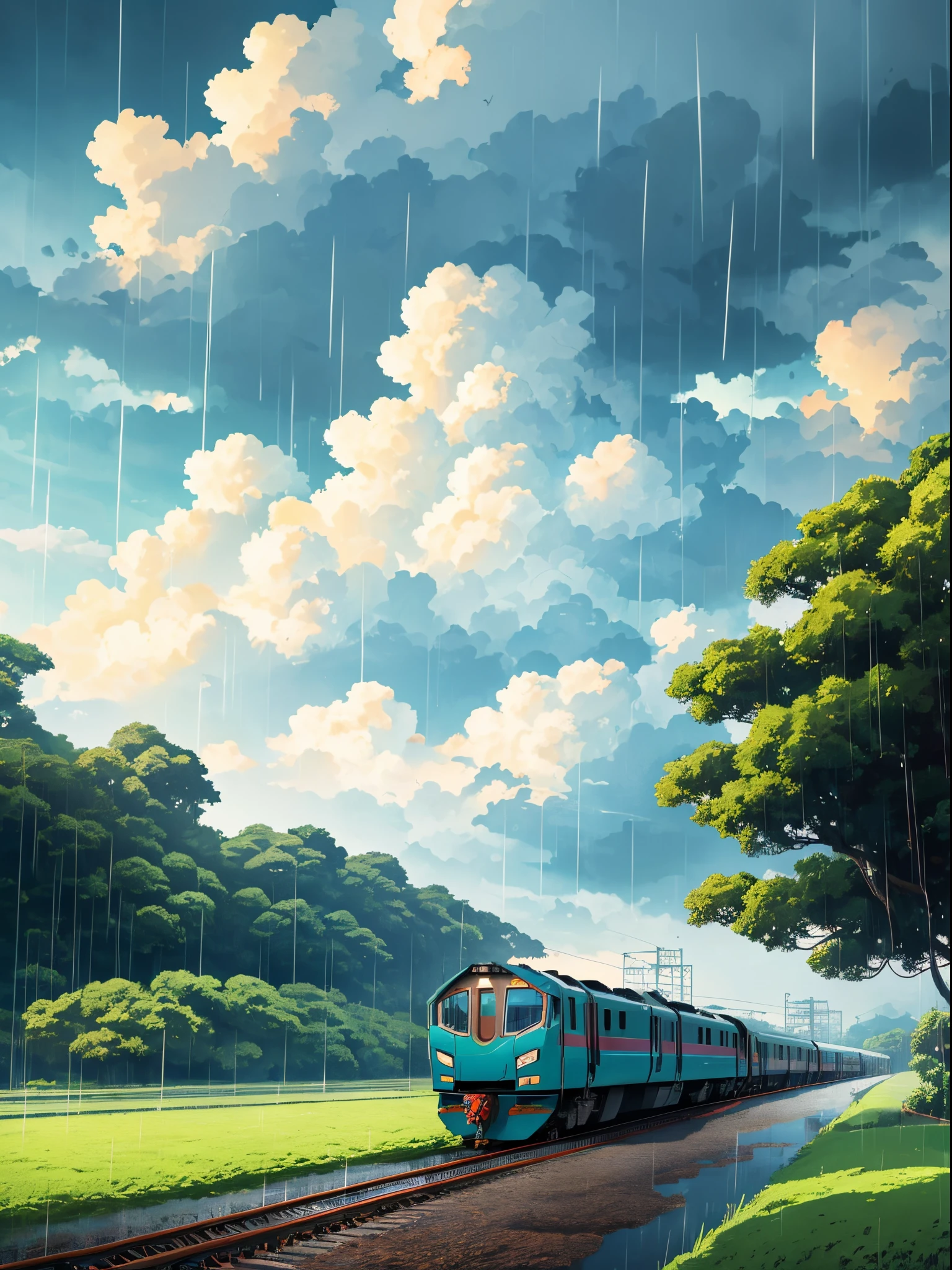 very detail anime drawing, ((diesel train)), distance train crossed vast fields, ((rain)), heavy rain, windy morning, a distance sea, beautiful puffy clouds, incredibly beautiful anime landscape, distance forest hills, coconut trees, beautiful anime landscape, anime movie background, high quality desktop wallpaper, landscape wallpaper