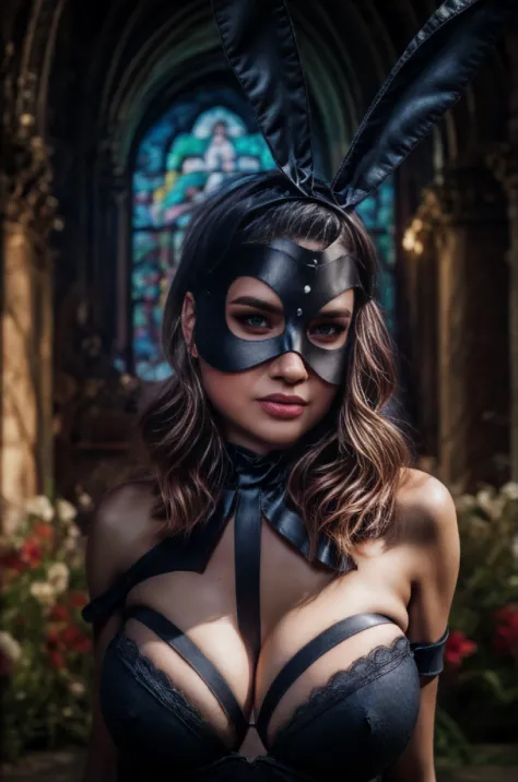 1girl, (black strapless leotard), bare shoulders, bare arms, (fishnets), (gigantic breasts), (cleavage), upper body, rabbit ears, standing, (masterpiece, high quality, best quality), (colorful),(delicate eyes and face), volumatic light, ray tracing, bust s...
