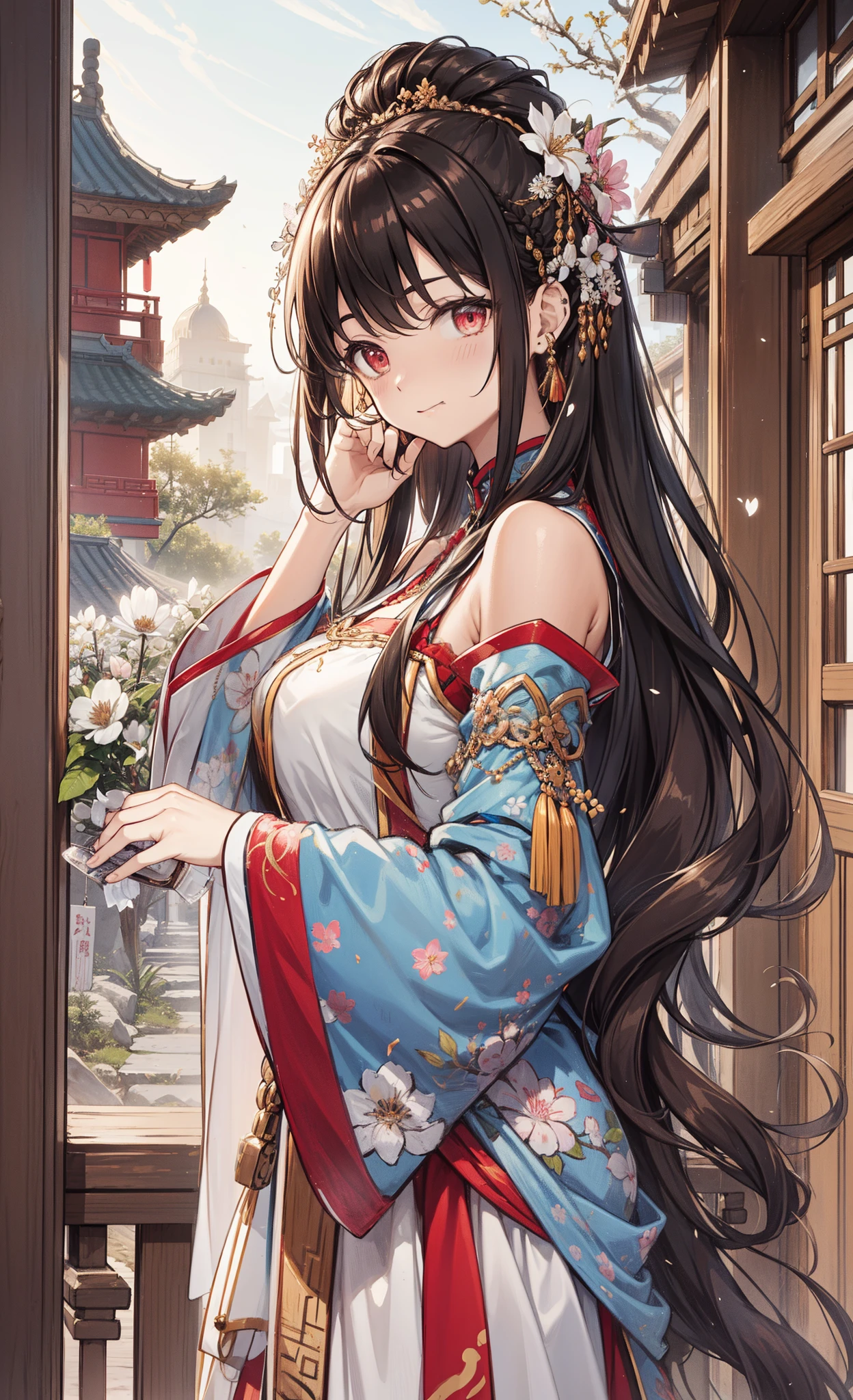 top-quality、Top image quality、tmasterpiece、(tmasterpiece:1.2),Atdan, 1 plump girl, Alone, Branch, flowers blooming, jewely, a skirt, ear nipple ring, that tree, through bangs, Long gray hair, Ancient Chinese courtyard，hair adornments, view the viewer, Chinese clothes, sheer transparent clothes，black hair color hair, hairflower, Brown hair, exposed bare shoulders, Very long hair, Wide sleeves, longer sleeves，Beautiful light red eyes