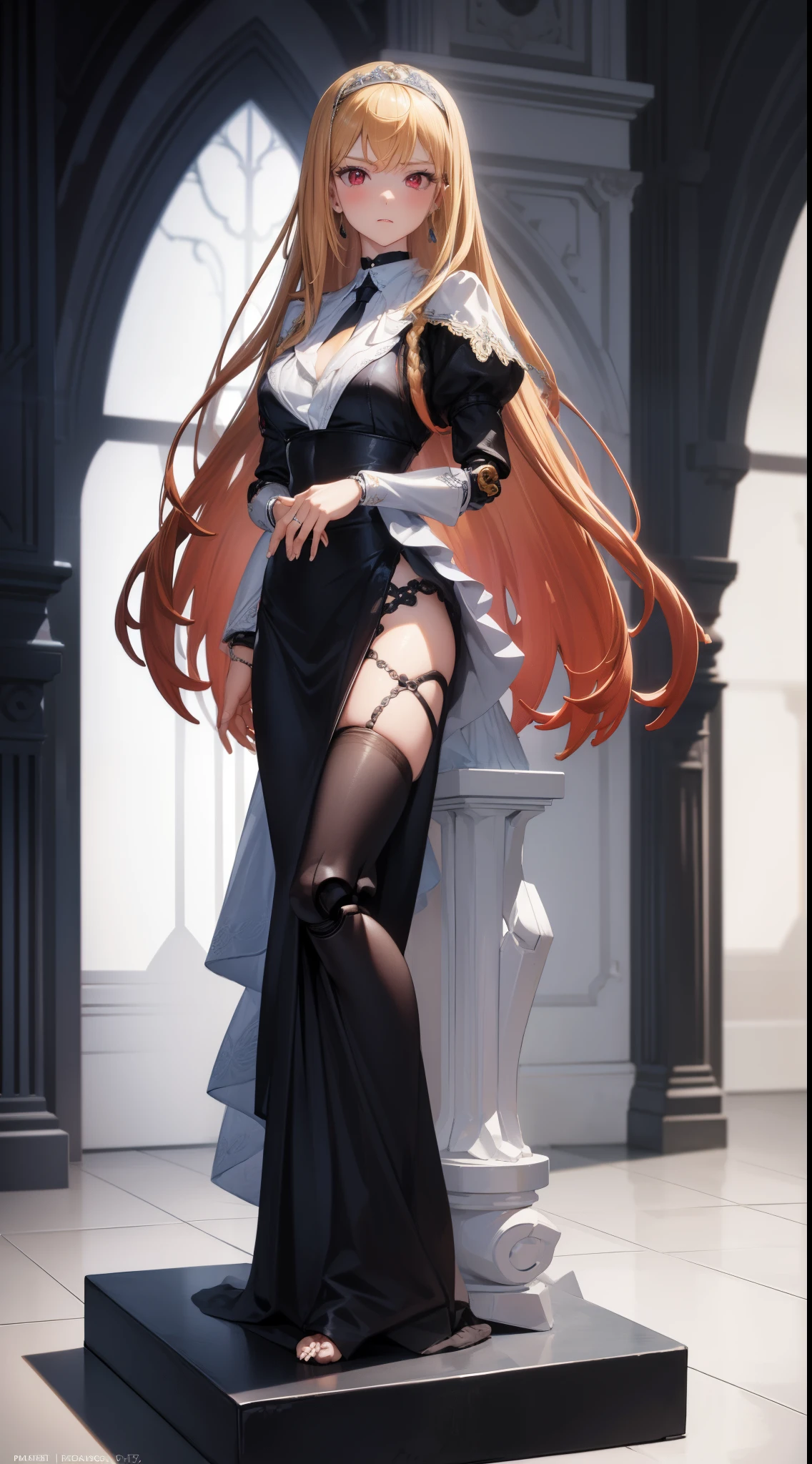 (masterpiece), (action figure doll:1.5), (stands on a pedestal:1.5), full body, (1girl), marinkitagawa, marin kitagawa, blonde hair, choker, ear piercing, earrings, long hair, piercing, (red eyes), straight hair, swept bangs, black necktie, (wedding dress, veils bride), cleavage, looking at viewer, (detailed eyes), detailed face, (perfect hands, perfect anatomy), against a clean white background, illuminated by artificial light, front view camera shot, wide shot