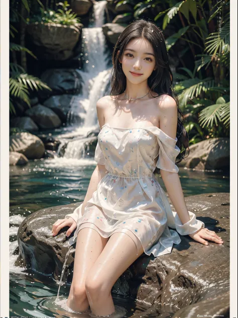 (best quality,ultra-detailed,realistic:1.37),portraits,beautiful young girl,youthful female model,riverbank and rocks or temple or bridge,Sweet girl clothes4,strapless dress,jewelry,sitting under a waterfall,sitting posture,sitting on a rock,drenched all o...