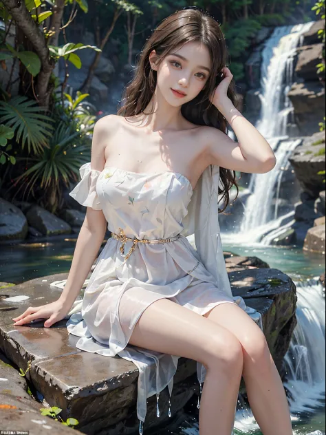 (best quality, masterpiece:1.2), ultra-detailed, (realistic:1.37), beautiful, youthful, glamorous model with (detailed eyes, detailed lips, extremely detailed eyes), Sweet girl clothes4,strapless dress,jewelry,sitting under a waterfall, sitting on a rock b...