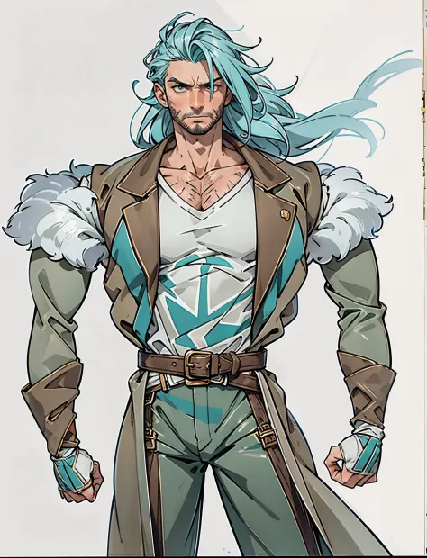 A middle-aged man, long teal hair, wild and disheveled hairstyle, determined gaze, a serious expression, noble features, some stubble, a simple fantasy-style two-piece hunter outfit, a short-sleeved gray shirt, a brown fur-lined coat, a cloth belt cinches ...