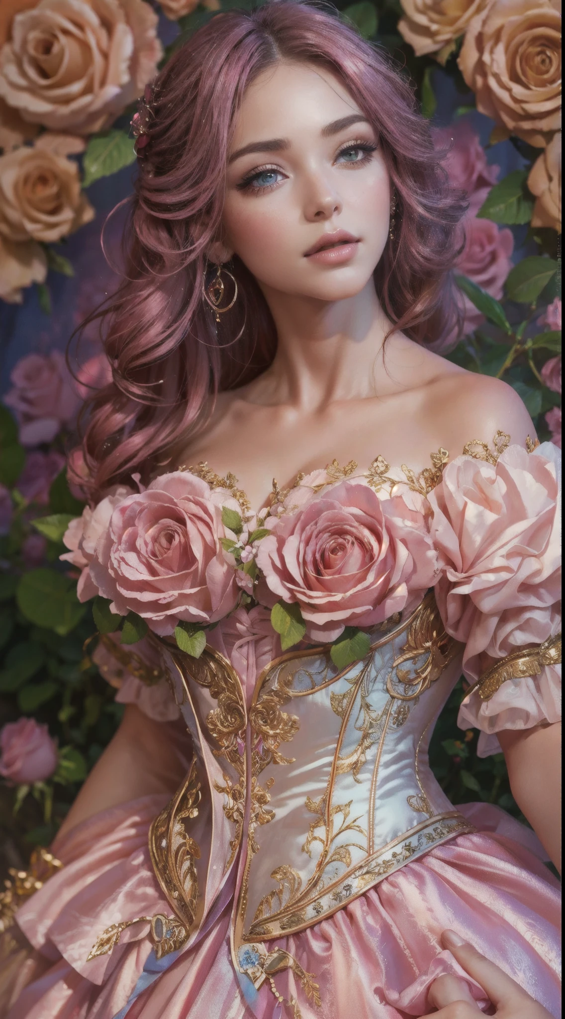 This is a realistic fantasy art work，The backdrop is a charming pastel bubblegum and rose garden. Create a proud woman，Her face is nuanced，Tumbling pleats in stunning French silk ballgown. A woman who is&#39;S face is very sweet ((((The content is very detailed, With realistic features and soft, puffy lips.)))) The ball dress is decorated with ruffles, obi strip, and bow and subtle, But intricately, Hand embroidered corset. Ribbon design bodice. The woman's charming eyes are beautifully detailed, Has realistic shadows、Various colors and high resolution. woman in eternal rose garden, Each piece is beautifully styled，detail-rich. These realistic roses feature a shimmering pink hue, Yellow, orange colors, and flash red. eternal rose is deep red，With shimmery pink shades and undertones. protected woman&#39;s face, the hair, And the eyes are perfect. important: Interesting details included，por exemplo, As estrelas, airbubble, ((and flash)). Endless realism, high fantasy, Whimsical fantasies, Storybook fantasy, fairy fantasy, Fantasy details, enchanting, big breasts enchanting, 8K, employment, computer graphics image processing, digitial painting, unified, unreal-engine, (((tmasterpiece))), iintricate, Elegant, The content is very detailed, Majestic, digital photography, Art germ、Works by Jia Ruan and Greg Rutkoski, (tmasterpiece, Eyes are delicate and beautiful: 1.2), HighDynamicRange, realistic skin textures, (((1 Lady))), (((Alone))), Includes highly detailed faces, Extremely detailed face, and interesting background.