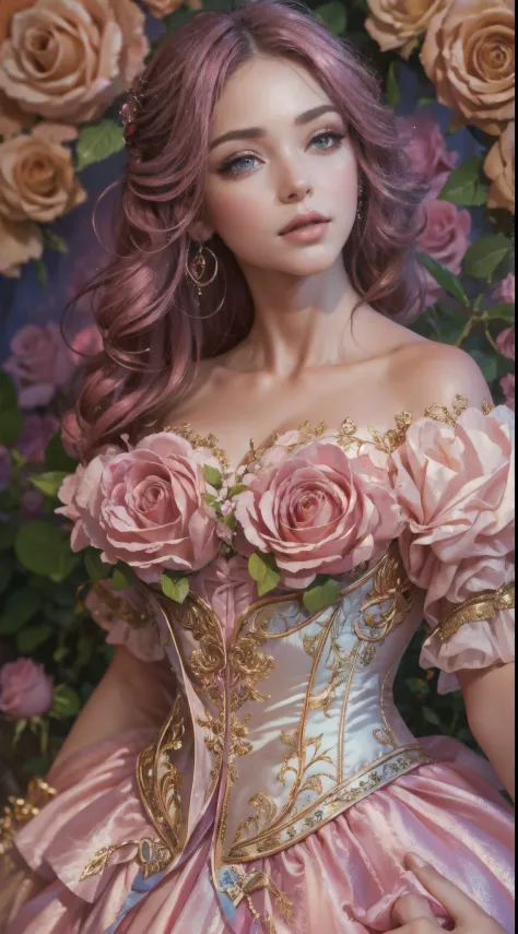 This is a realistic fantasy art work，The backdrop is a charming pastel bubblegum and rose garden. Create a proud woman，Her face ...