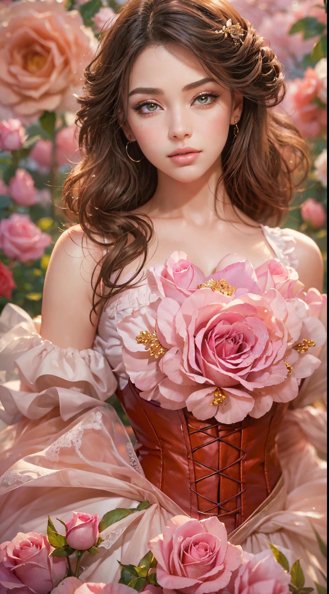 This is a realistic fantasy art work，The backdrop is a charming pastel bubblegum and rose garden. Create a proud woman，Her face is nuanced，Tumbling pleats in stunning French silk ballgown. A woman is&#39;S face is very sweet ((((The content is very detailed, With realistic features and soft, puffy lips.)))) The ball dress is decorated with ruffles, obi strip, and bow and subtle, But intricately, Hand embroidered corset. Ribbon design bodice. The woman's charming eyes are beautifully detailed, Has realistic shadows、Various colors and high resolution. woman in eternal rose garden, The style of each item is very exquisite，detail-rich. These realistic roses feature a shimmering pink hue, Yellow, orange colors, and flash red. eternal rose is deep red，With shimmery pink shades and undertones. protected woman&#39;s face, the hair, And the eyes are perfect. important: Interesting details included，por exemplo, As estrelas, airbubble, ((and flash)). Endless realism, high fantasy, Whimsical fantasies, Storybook fantasy, fairy fantasy, Fantasy details, enchanting, Big breasts are charming, 8K, employment, computer graphics image processing, digitial painting, unified, unreal-engine, (((tmasterpiece))), iintricate, Elegant, The content is very detailed, A majestic, digital photography, Art germ、Nguyen Jia、Works by Greg Rutkoski, (tmasterpiece, Eyes are delicate and beautiful: 1.2), HighDynamicRange, realistic skin textures, (((1 Lady))), (((Alone))), Includes highly detailed faces, Extremely detailed face, and interesting background.