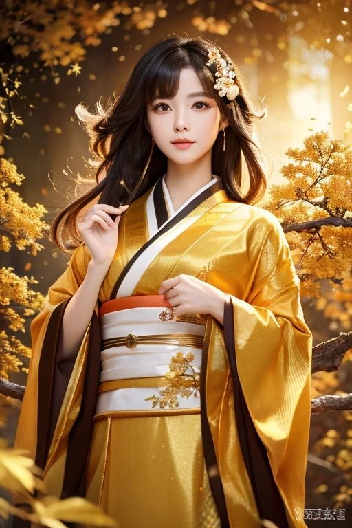 Close-up of a woman holding a tree branch in her hands, Digital art inspired by Jinnon, trending on cg society, Digital Art, japonisme 3 d 8 k ultra detailed, beautiful digital works of art, elegant japanese woman,realistic digital art 4 k,gold background,Golden Luck,kimono,directly in front,Golden Luck,Mysterious,spiritual,masuter piece,masuter piece,masuter piece,The upper part of the body,japanes,21years old,a beauty girl,one girls,directly in front,facing front,The upper part of the body,The upper part of the body,The upper part of the body,The upper part of the body,japanes,21years old,a beauty girl,japanes,21years old,a beauty girl,goddes,God,GOD,