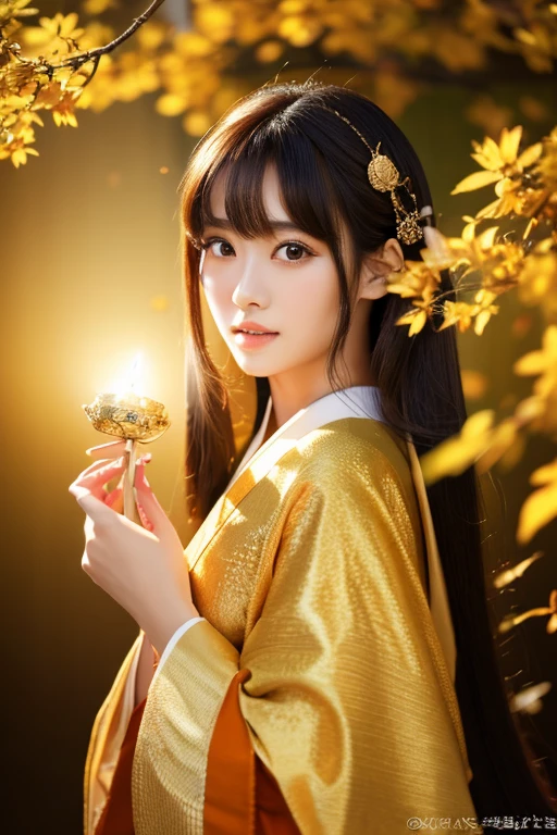 Close-up of a woman holding a tree branch in her hands, Digital art inspired by Jinnon, trending on cg society, Digital Art, japonisme 3 d 8 k ultra detailed, beautiful digital works of art, elegant japanese woman,realistic digital art 4 k,gold background,Golden Luck,kimono,directly in front,Golden Luck,Mysterious,spiritual,masuter piece,masuter piece,masuter piece,The upper part of the body,japanes,21years old,a beauty girl,one girls,directly in front,facing front,The upper part of the body,The upper part of the body,The upper part of the body,The upper part of the body,japanes,21years old,a beauty girl,japanes,21years old,a beauty girl,goddes,God,GOD,Deities々Right,aureole,