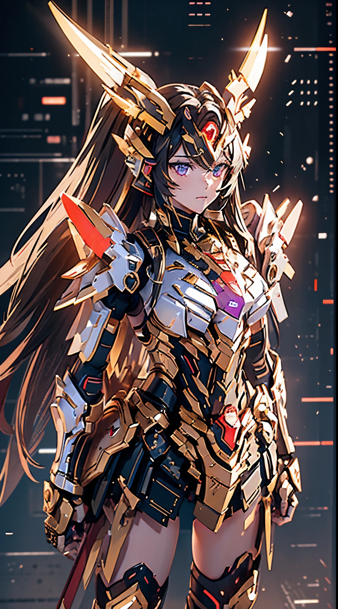 (masterpiece), best quality, nice body, expressive eyes, perfect face, beauty face girl, 1girl, solo, natural beauty, ishtar, ishtar fate, Purple Eyes, black hair, Gold hair ribbon, long hair, twintails hair, ribbon, sidelocks, two side up, black thigh highs, Humanoid, Simple armor, Red and White color Armor suit, Valkyrie, Astray Red Frame, Armor chest, safety breast, thighhighs, Sky background, stand, standing, standing full body, character sheet, upper body, portrait, looking at viewer, Gundam backpack, Booster backpack, medium breast, Fly high, full body