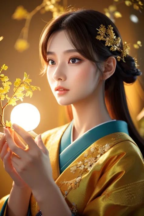 Close-up of a woman holding a tree branch in her hands, Digital art inspired by Jinnon, trending on cg society, Digital Art, jap...