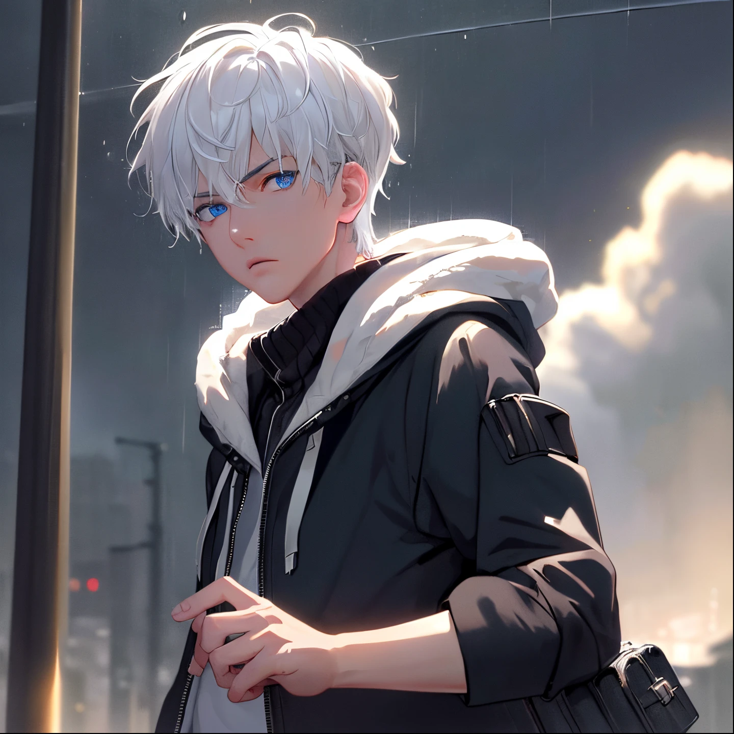 kk, best quality, more details, masterpiece, 1boy, boy, portrait, male focus, blue eyes, solo, fringe, looking at viewer, hood, short hair, rain, tokyo tokyo \(city\), hood, nail polish, white hair, luxurious, 8k, detailed, ray tracing, depth of field, cinematic lighting,