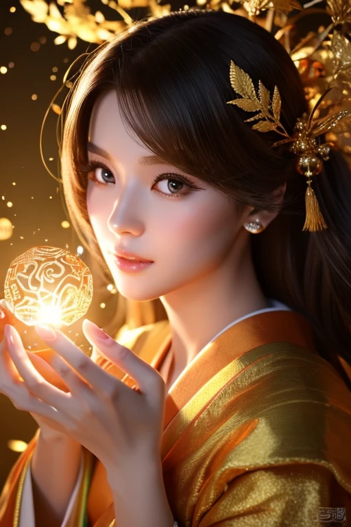 Close-up of a woman holding a crystal in her hand, Digital art inspired by Jinnon, trending on cg society, Digital Art, japonisme 3 d 8 k ultra detailed, beautiful digital works of art, elegant japanese woman,realistic digital art 4 k,gold background,Golden Luck,kimono,directly in front,Golden Luck,Mysterious,spiritual,masuter piece,masuter piece,masuter piece,The upper part of the body,japanes,21years old,a beauty girl,one girls,directly in front,facing front,The upper part of the body,The upper part of the body,The upper part of the body,The upper part of the body,japanes,21years old,a beauty girl,japanes,21years old,a beauty girl,goddes,God,GOD,goddes,God,GOD,goddes,God,GOD,illustrious,