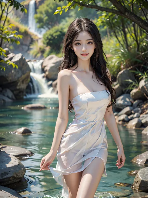 (best quality, ultra-detailed, realistic:1.37), portraits, beautiful detailed eyes, beautiful detailed lips, extremely detailed eyes and face, long eyelashes, youthful female model, beside a river with rocks, sweet girl's attire, strapless dress, jewelry, ...