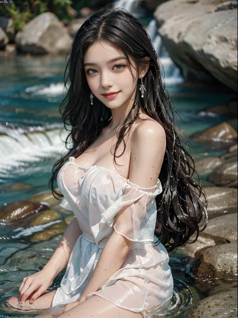 (best quality, ultra-detailed, realistic:1.37), portraits, beautiful detailed eyes, beautiful detailed lips, extremely detailed eyes and face, long eyelashes, youthful female model, beside a river with rocks, sweet girl's attire, strapless dress, jewelry, ...