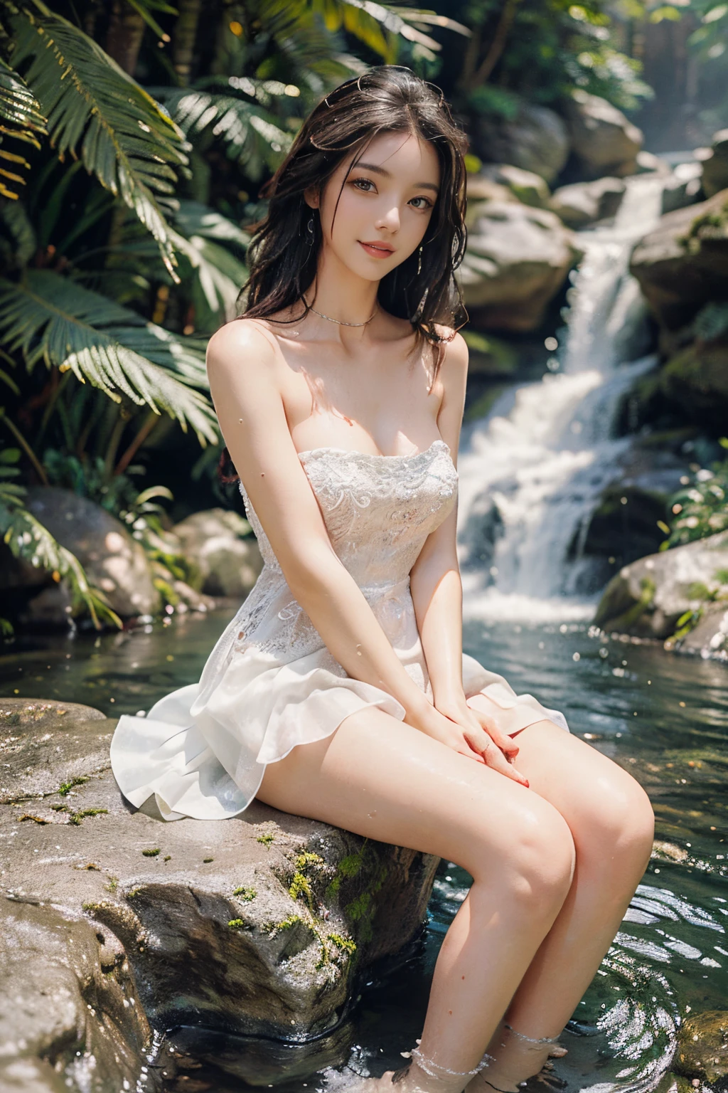 (best quality, masterpiece:1.2), ultra-detailed, (realistic:1.37), beautiful, youthful, glamorous model with (detailed eyes, detailed lips, extremely detailed eyes), Sweet girl clothes4,strapless dress,jewelry,sitting under a waterfall, sitting on a rock by the river, surrounded by rocks or a temple or a bridge, in a knee shot, with white and floral colors, showcasing a radiant smile, slender figure, long legs, creating a breathtaking depiction of a girl enjoying the water,  realistic waterfalls, wet clothes and hair, radiant sunlight, lush greenery, refreshing mist