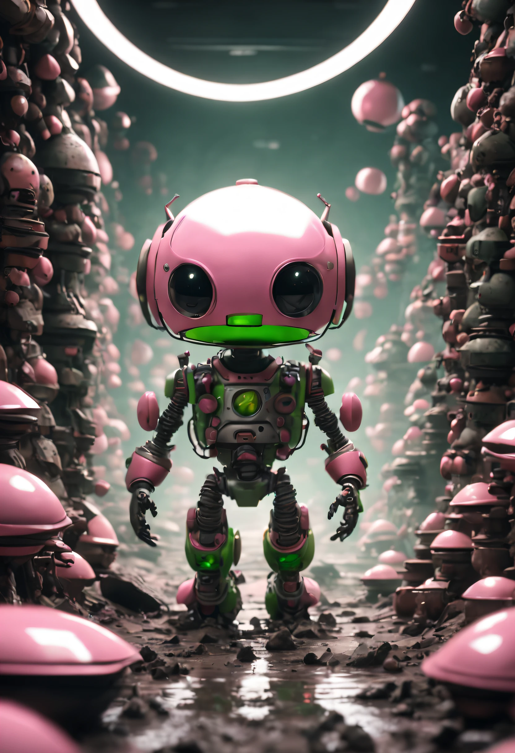 A robot in a pink room with pink balls and a circle - SeaArt AI